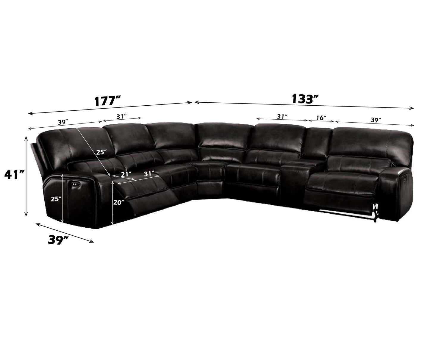 Saul Black Leather Aire Power Recliner Sectional Sofa w/ USB Port & Cupholder Console FredCo
