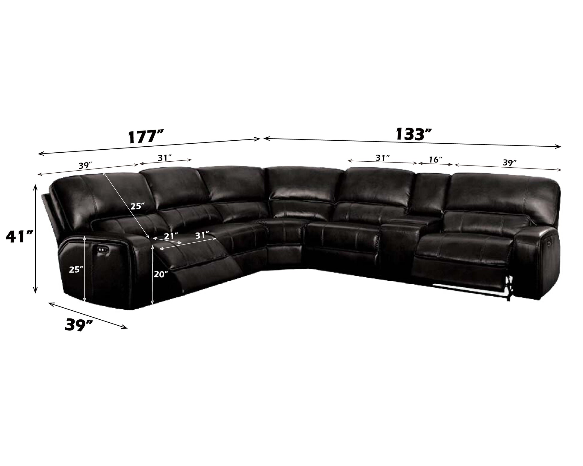 Saul Black Leather Aire Power Recliner Sectional Sofa w/ USB Port & Cupholder Console FredCo