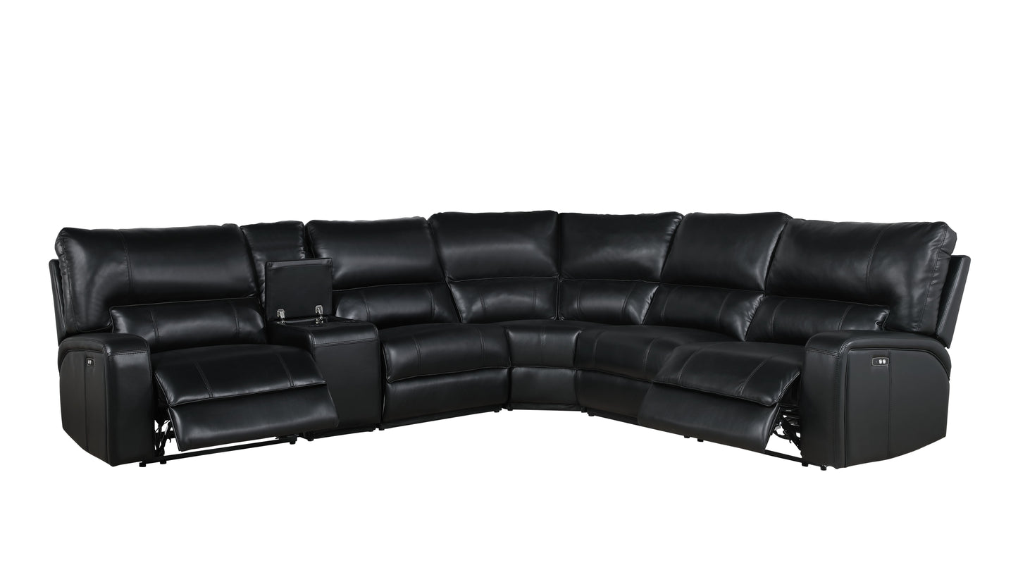 Saul Black Leather Aire Power Recliner Sectional Sofa w/ USB Port & Cupholder Console FredCo