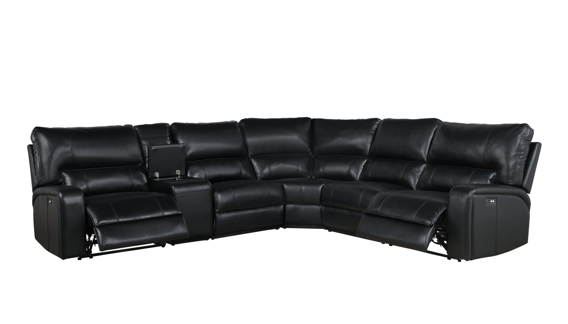 Saul Black Leather Aire Power Recliner Sectional Sofa w/ USB Port & Cupholder Console FredCo