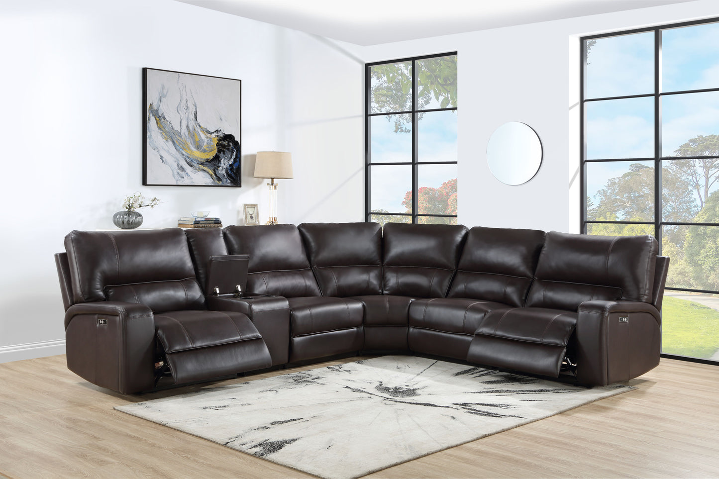 Saul Espresso Faux Leather Power Recliner Sectional Sofa FredCo