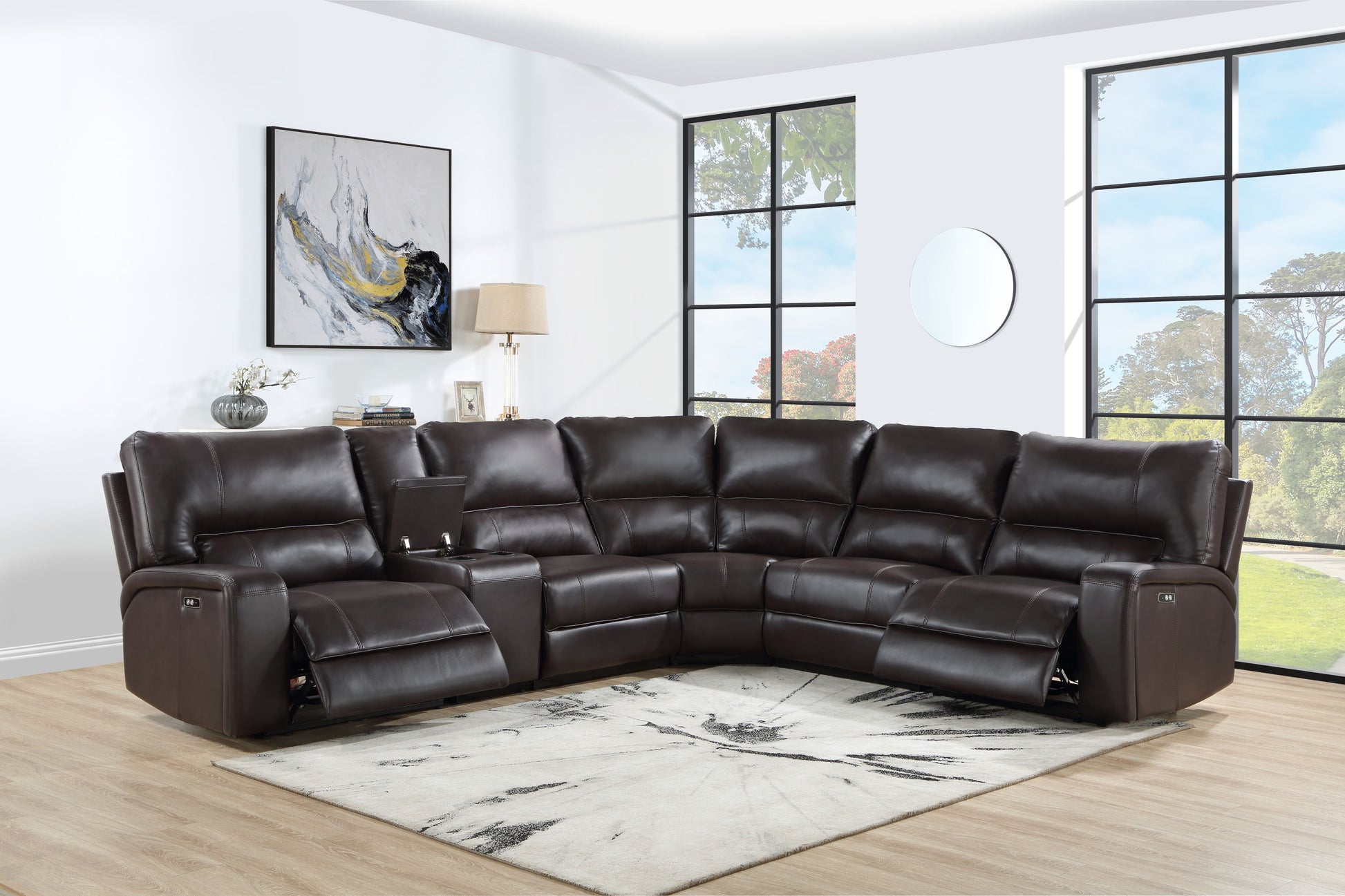 Saul Espresso Faux Leather Power Recliner Sectional Sofa FredCo