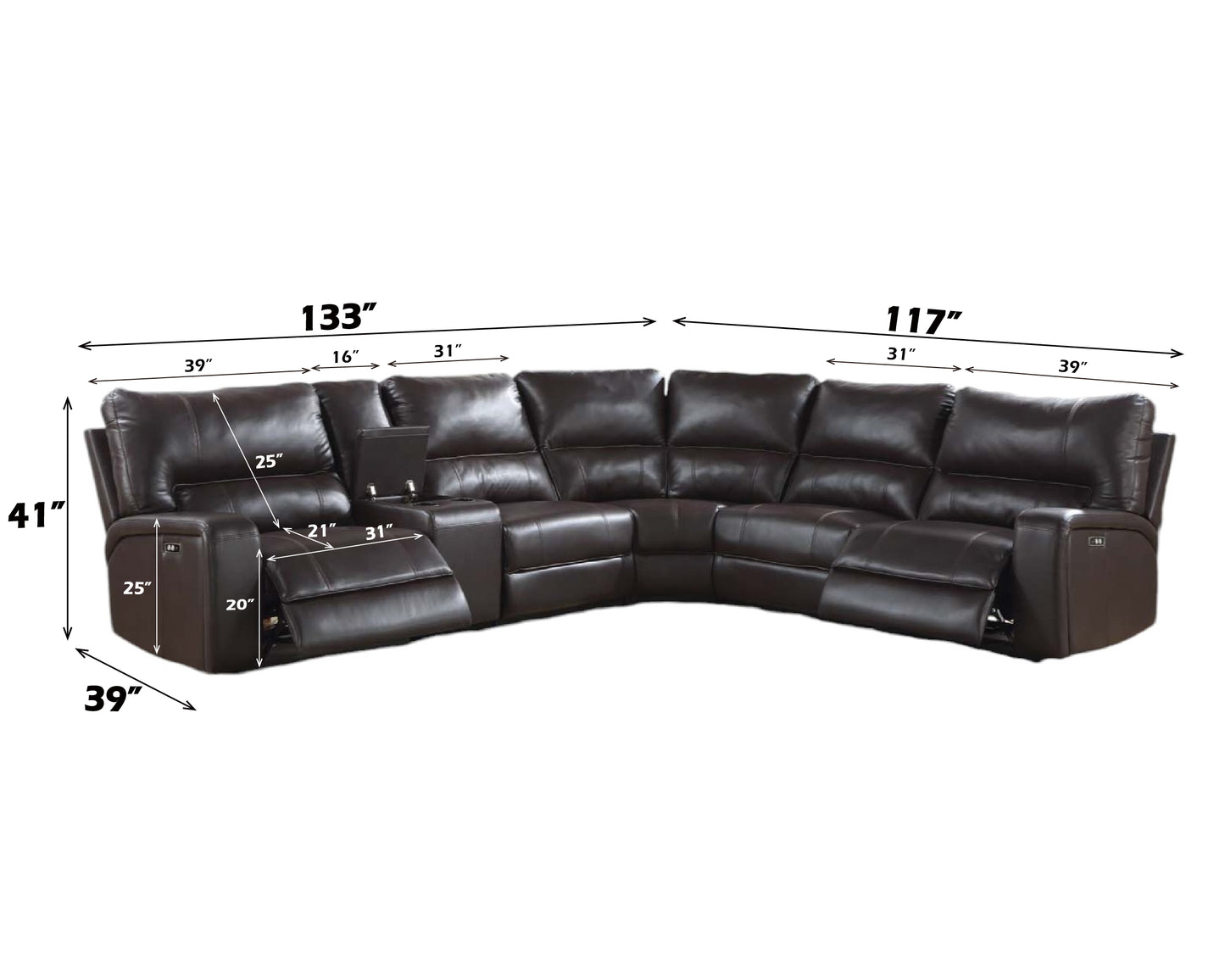 Saul Espresso Faux Leather Power Recliner Sectional Sofa FredCo