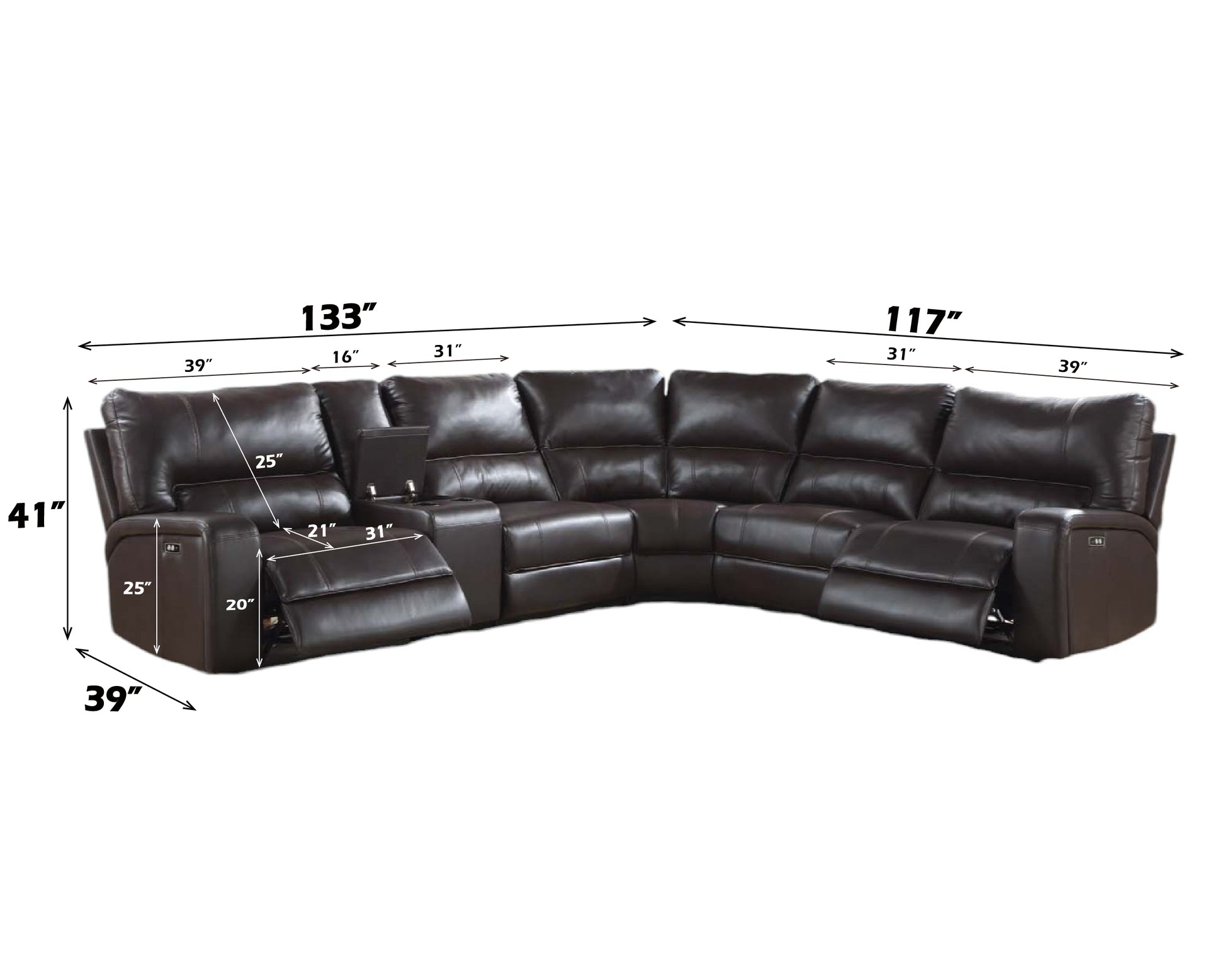 Saul Espresso Faux Leather Power Recliner Sectional Sofa FredCo