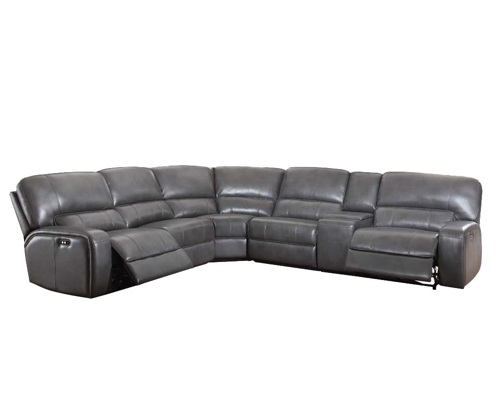 Saul Gray Leather Aire Power Motion Sectional Sofa w/ USB Port & Cupholder Console FredCo
