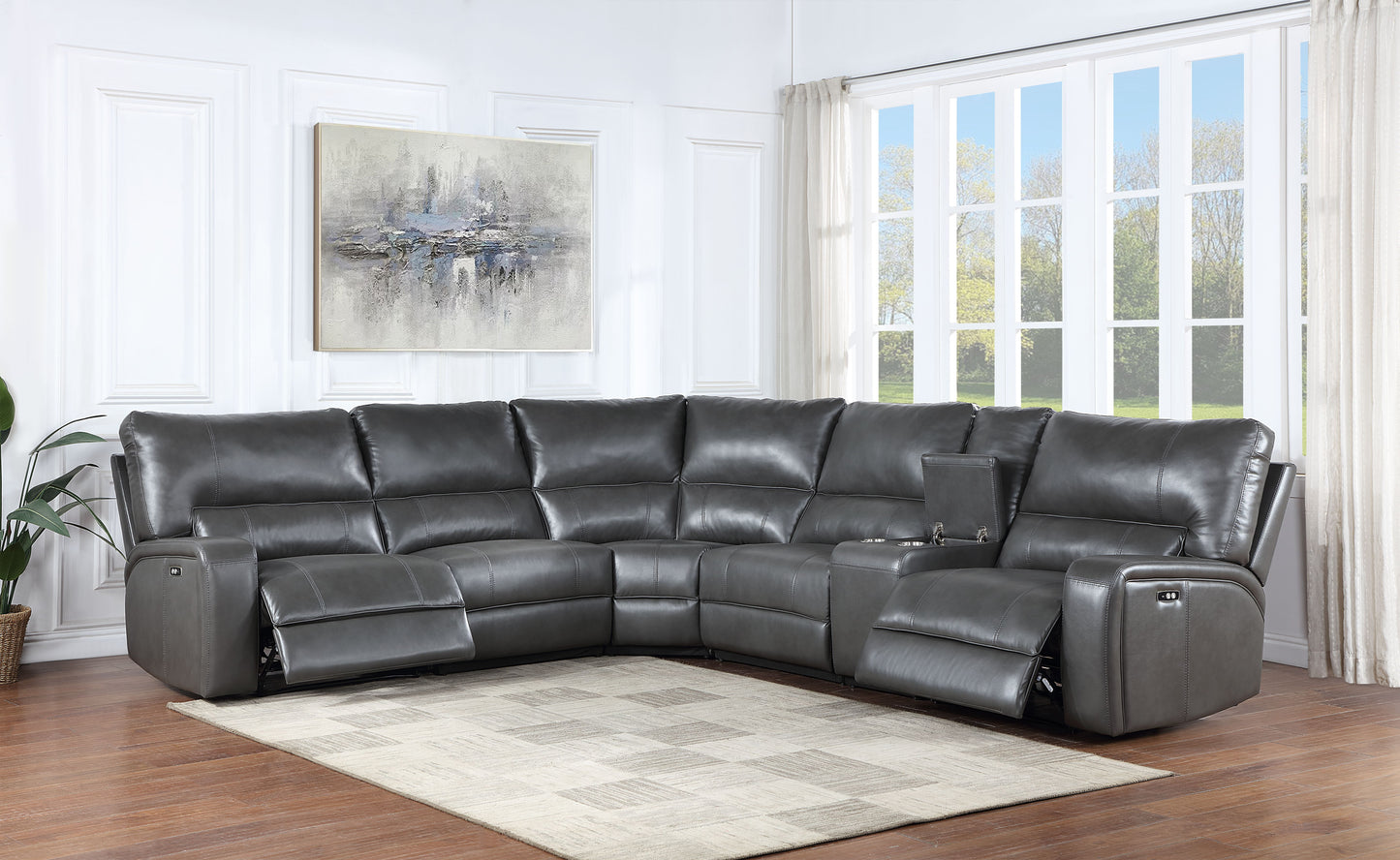 Saul Gray Leather Aire Power Motion Sectional Sofa w/ USB Port & Cupholder Console FredCo