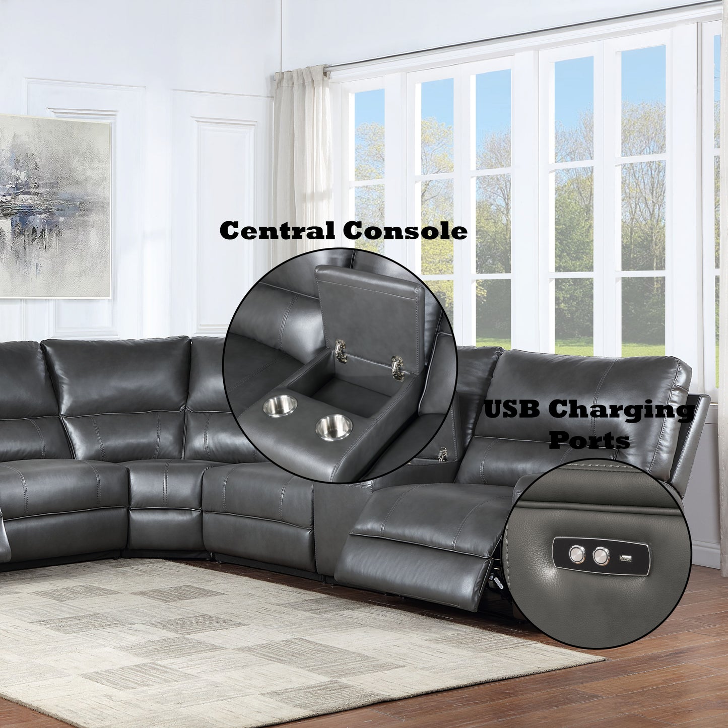 Saul Gray Leather Aire Power Motion Sectional Sofa w/ USB Port & Cupholder Console FredCo
