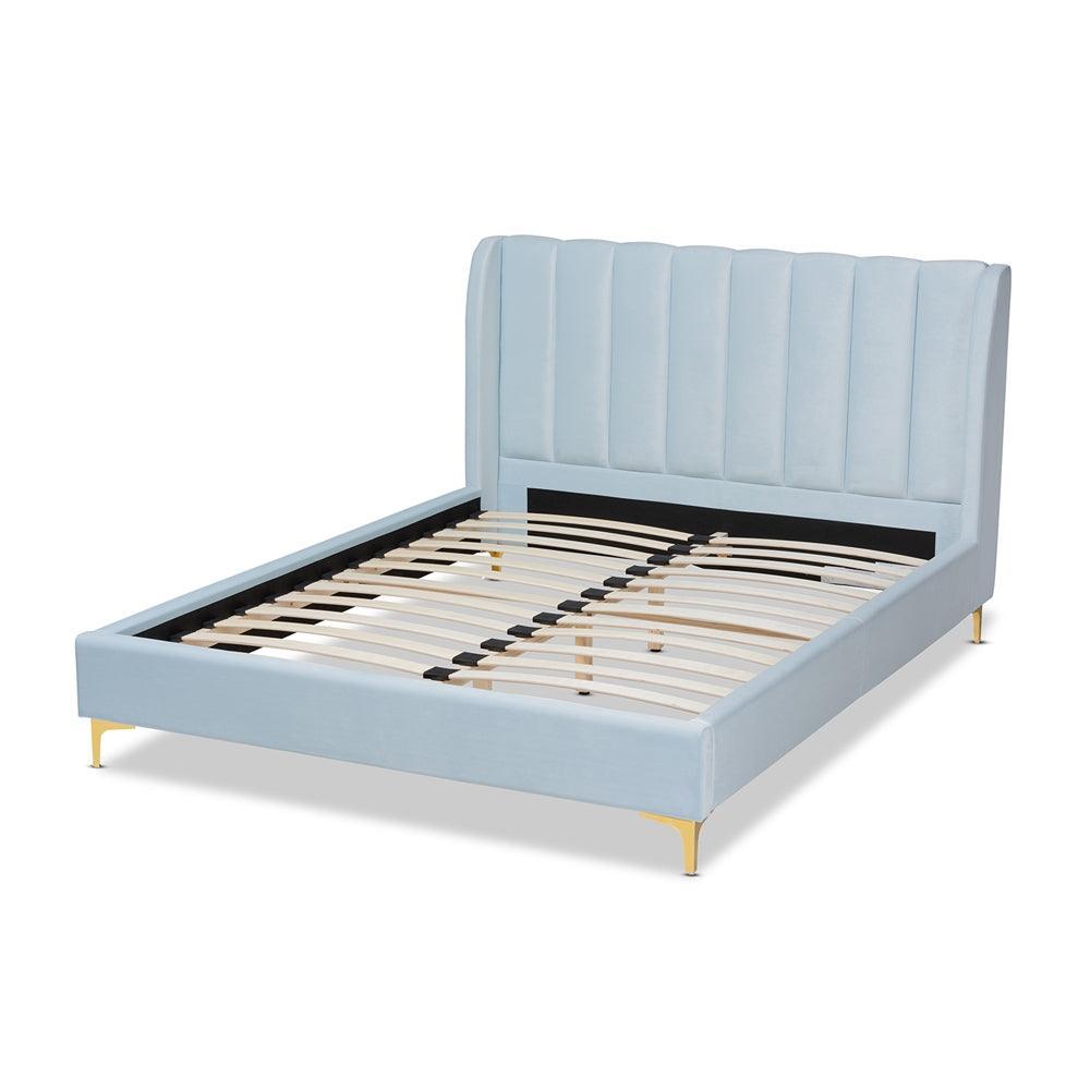 Saverio Glam and Luxe Light Blue Velvet Fabric Upholstered Queen Size Platform Bed with Gold-Tone Legs FredCo