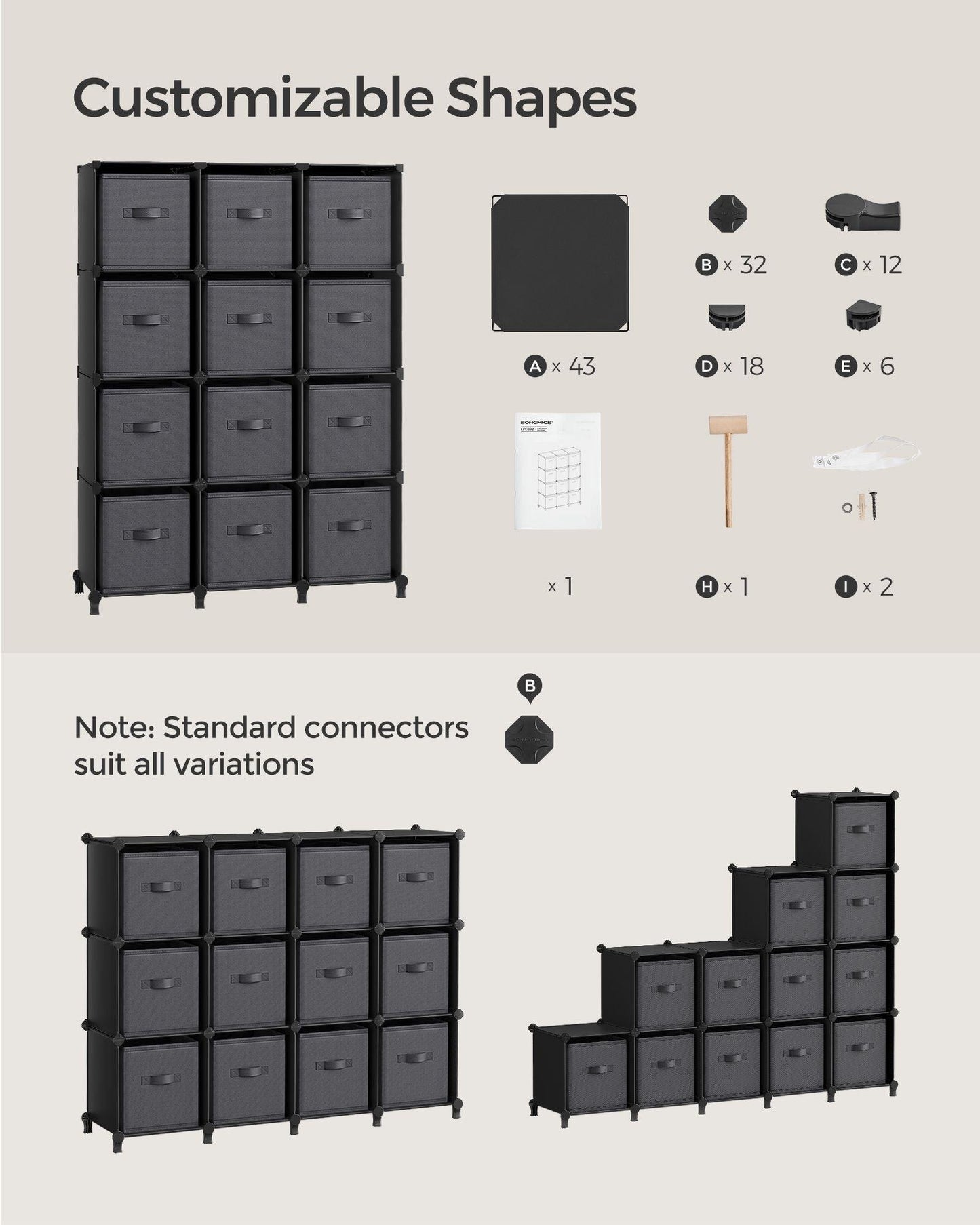 Set of 12-Cube Organizer Ink Black and Dove Gray FredCo