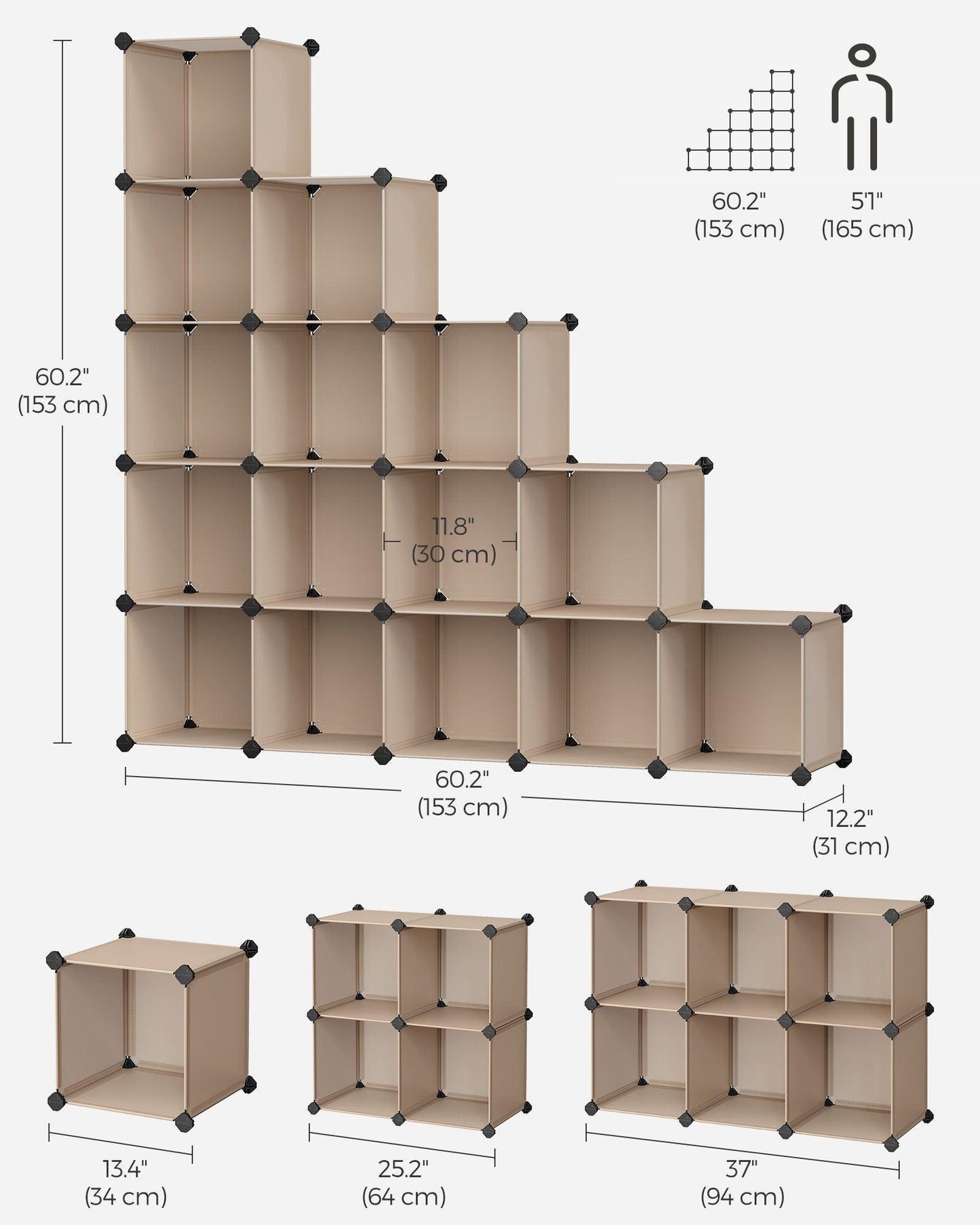 Set of 16 Cube Storage Organizer Camel Brown FredCo