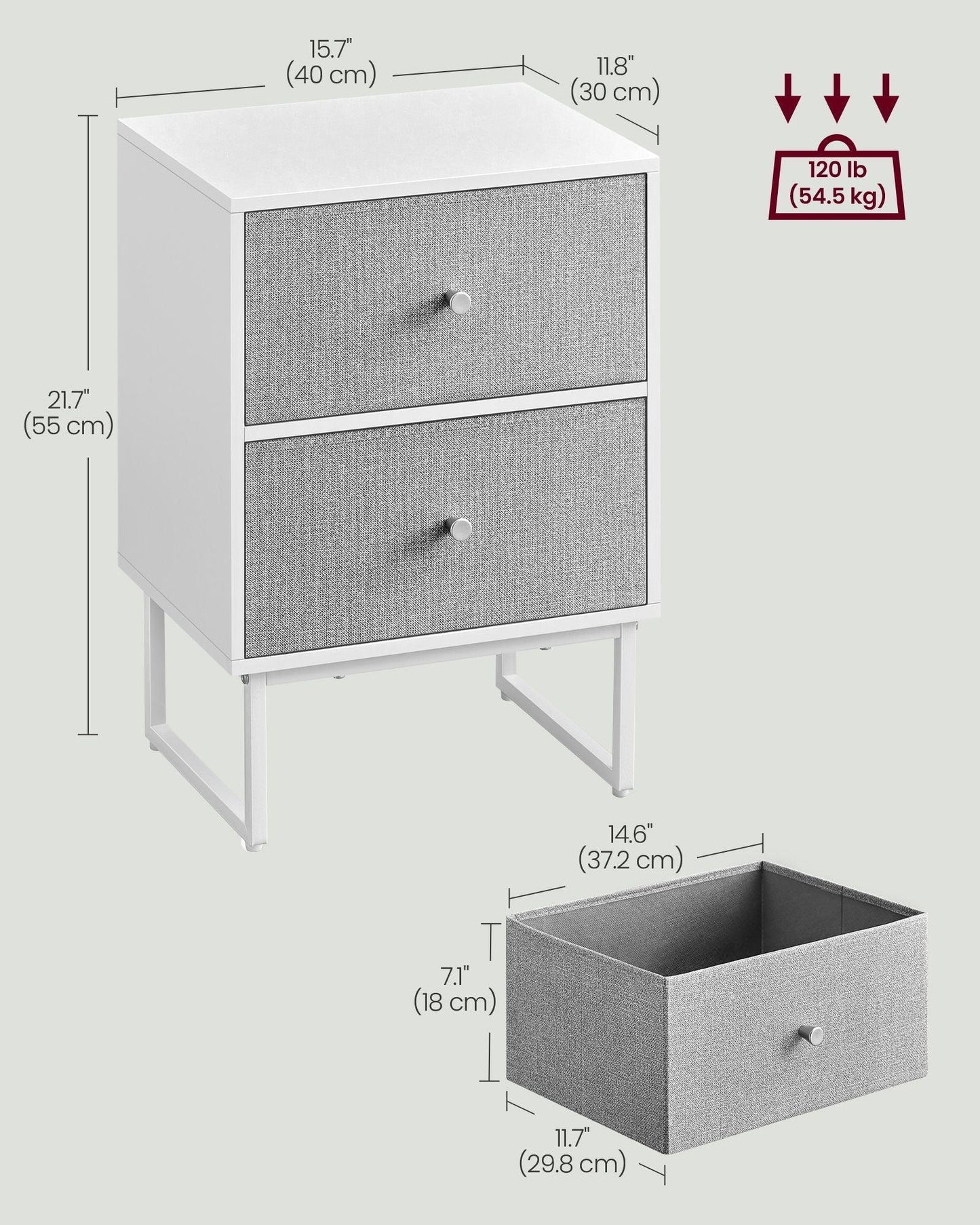 Set of 2 Bed Side Tables with Fabric Drawers Cloud White and Dove FredCo