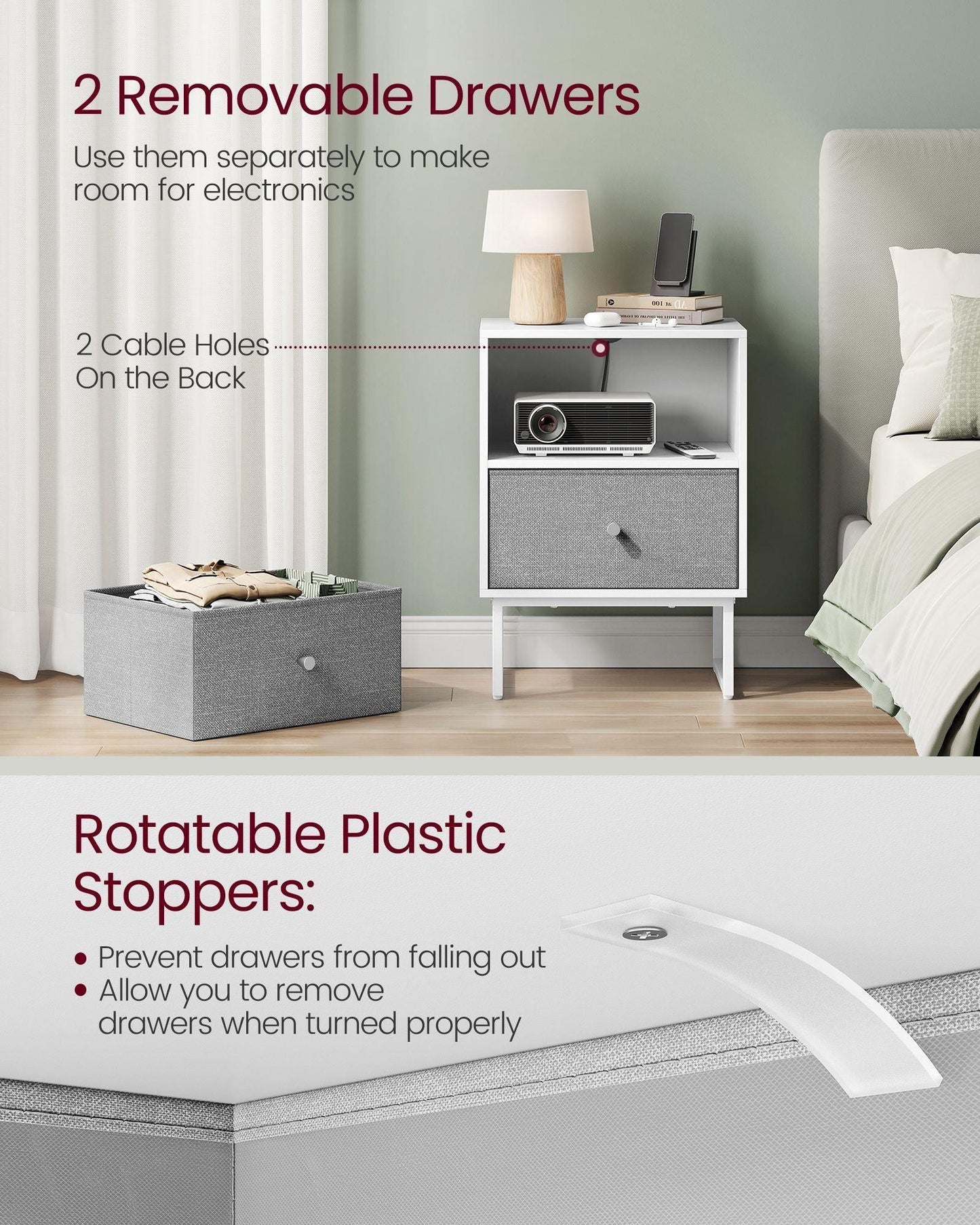 Set of 2 Bed Side Tables with Fabric Drawers Cloud White and Dove FredCo