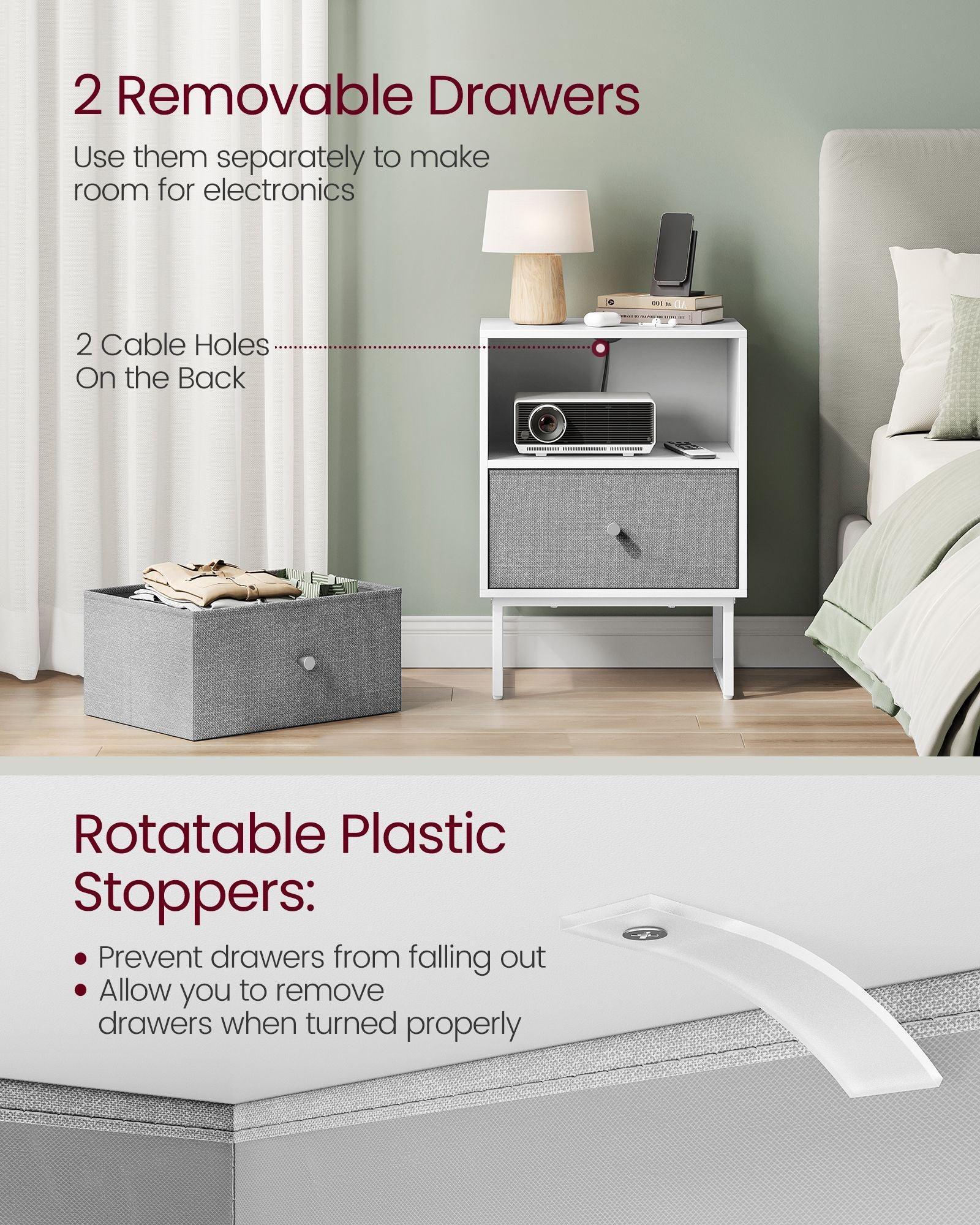 Set of 2 Bed Side Tables with Fabric Drawers Cloud White and Dove FredCo