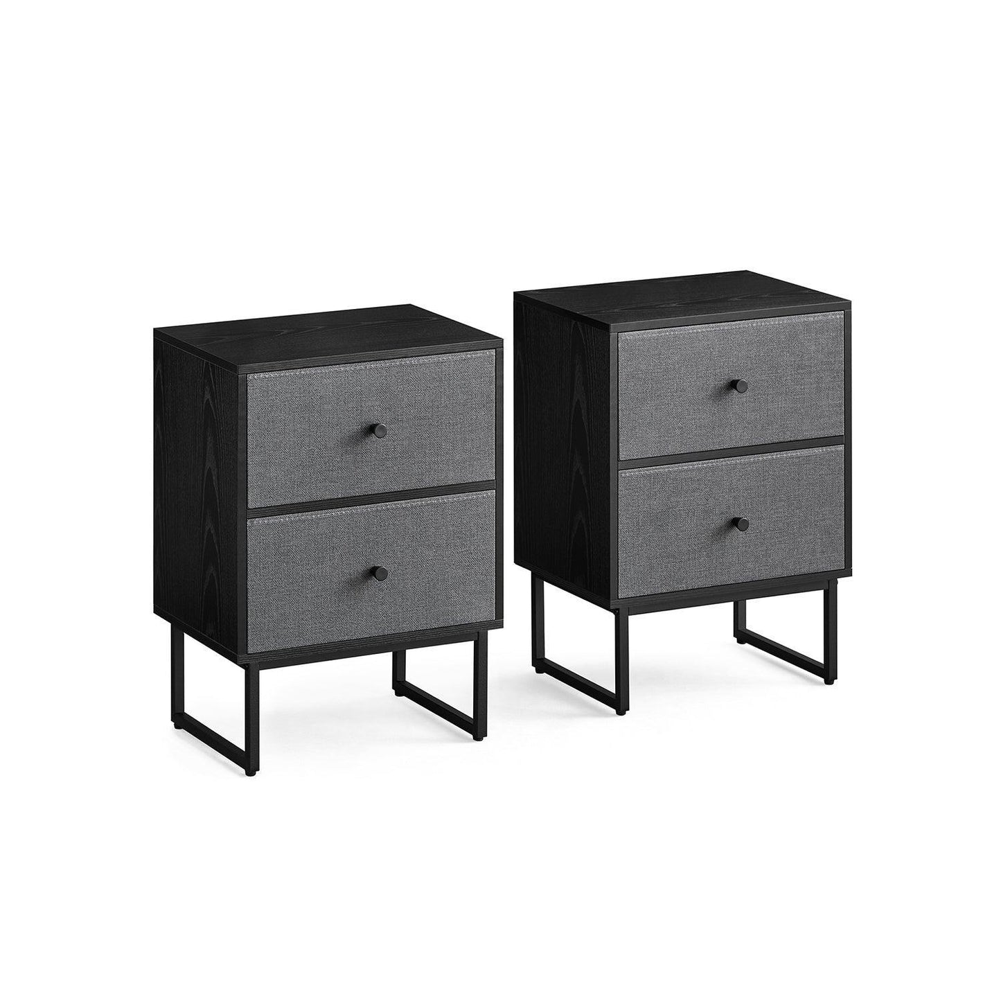 Set of 2 Bed Side Tables with Fabric Drawers Ebony Black and Slate Gray FredCo