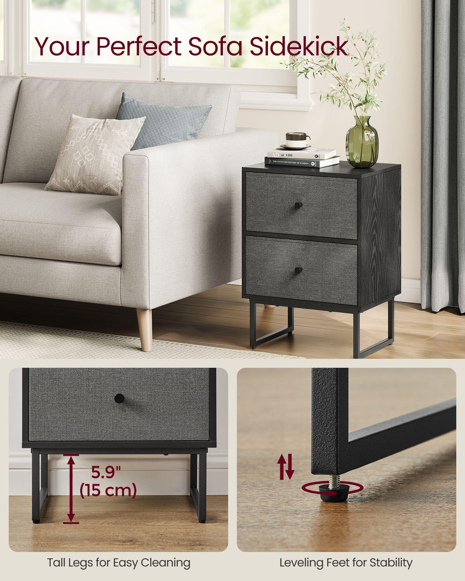 Set of 2 Bed Side Tables with Fabric Drawers Ebony Black and Slate Gray FredCo