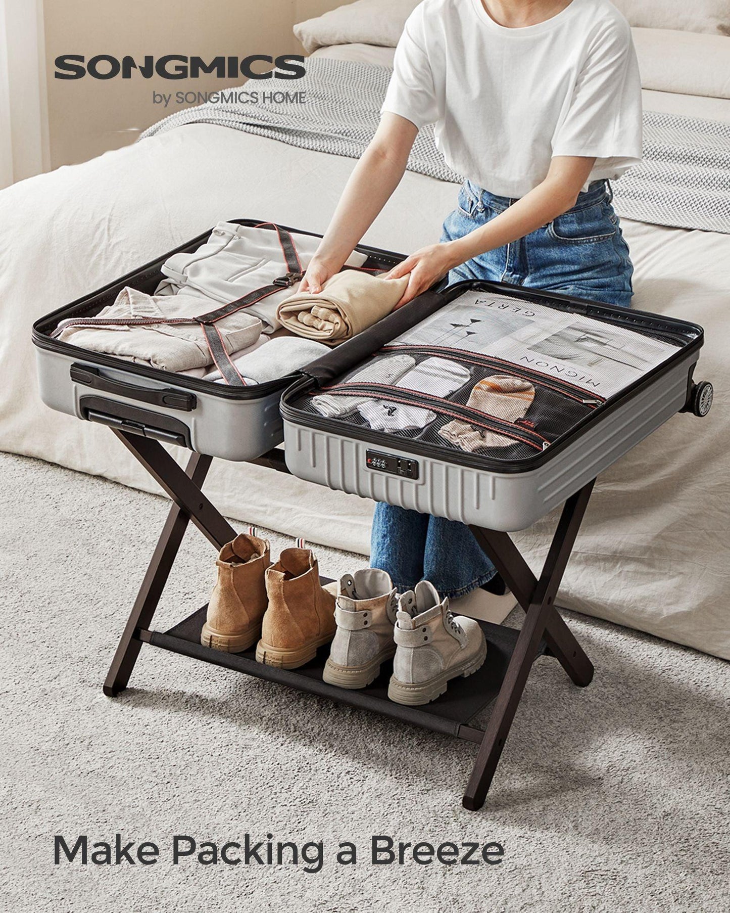 Set of 2 Folding Luggage Rack with Storage Shelf Chestnut Brown FredCo