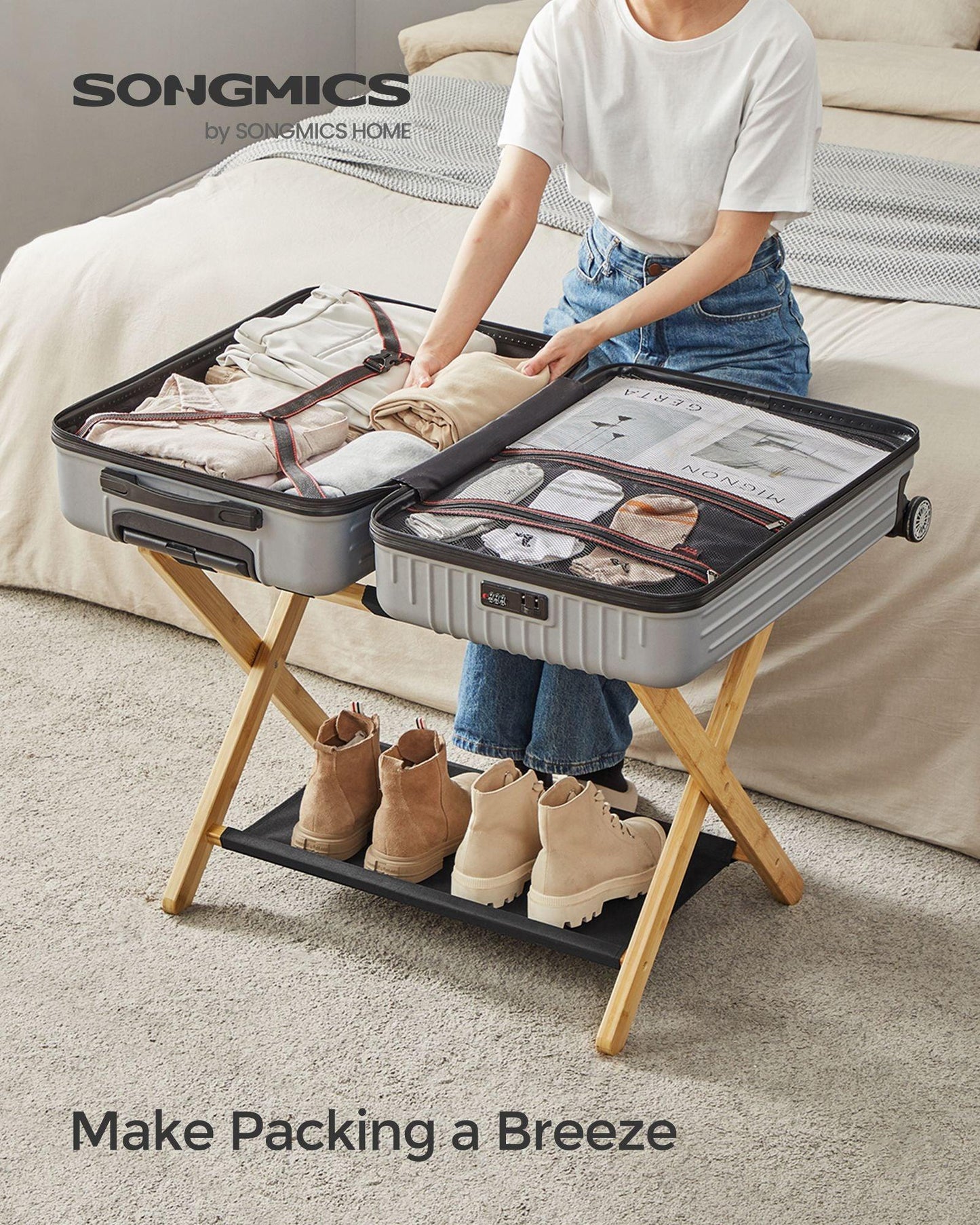 Set of 2 Folding Luggage Rack with Storage Shelf Natural Beige FredCo