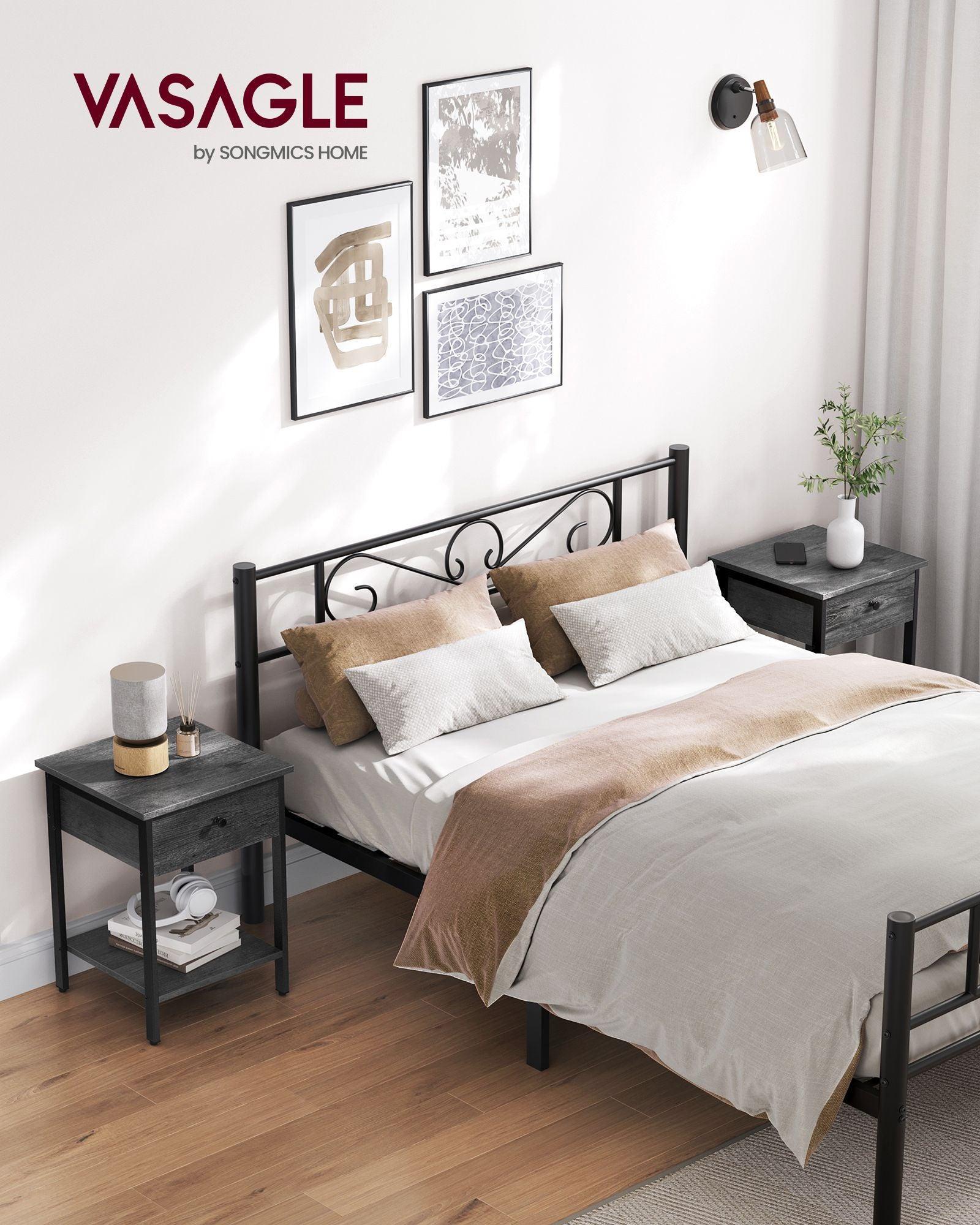 Set of 2 Nightstand with Drawer and Shelf Stone Gray and Black FredCo