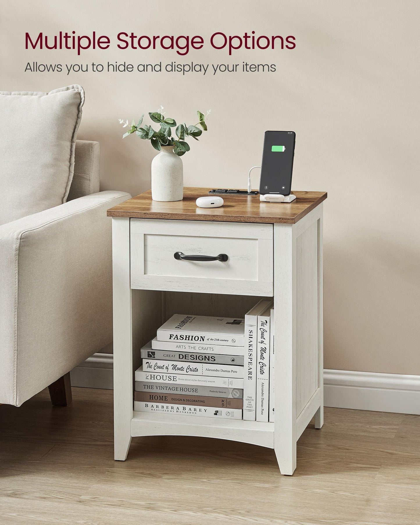 Set of 2 Nightstands with Charging Station and Open Compartment Rustic White and Honey Brown FredCo