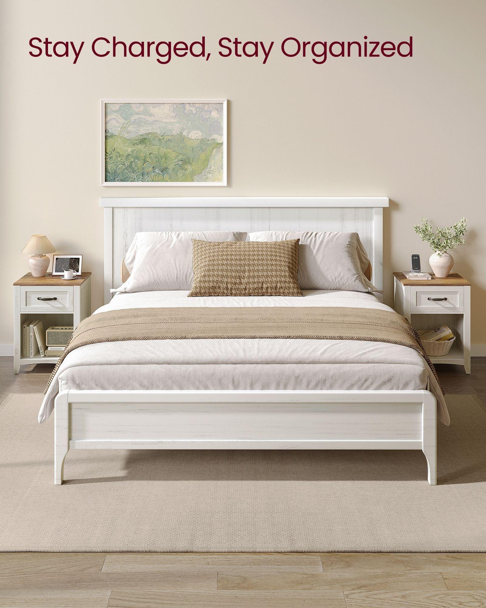 Set of 2 Nightstands with Charging Station and Open Compartment Rustic White and Honey Brown FredCo