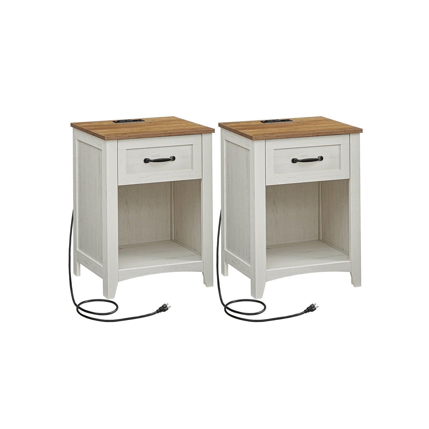 Set of 2 Nightstands with Charging Station and Open Compartment Rustic White and Honey Brown FredCo