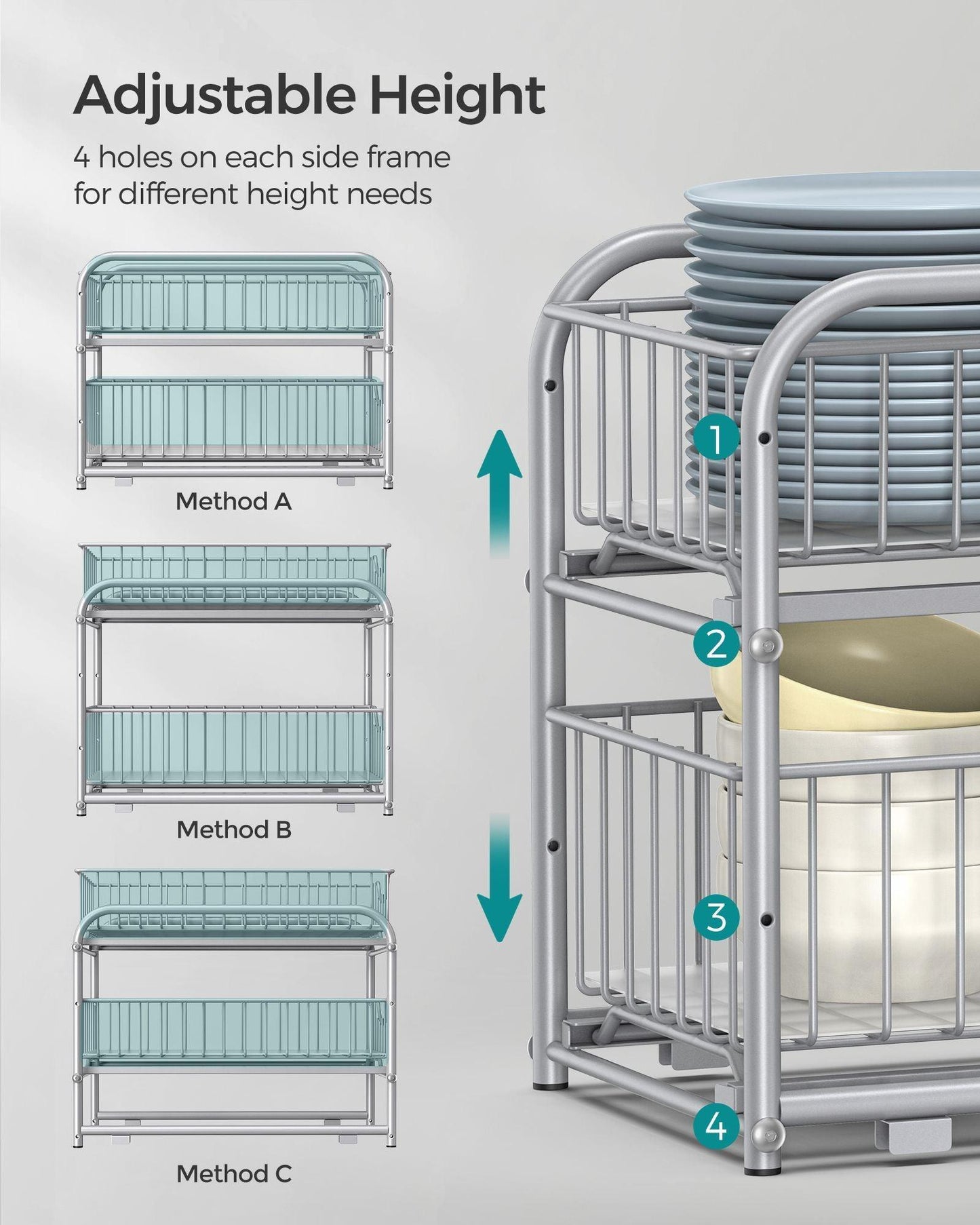 Set of 2 Pull-Out Cabinet Organizers 2-Tier Metallic Silver FredCo