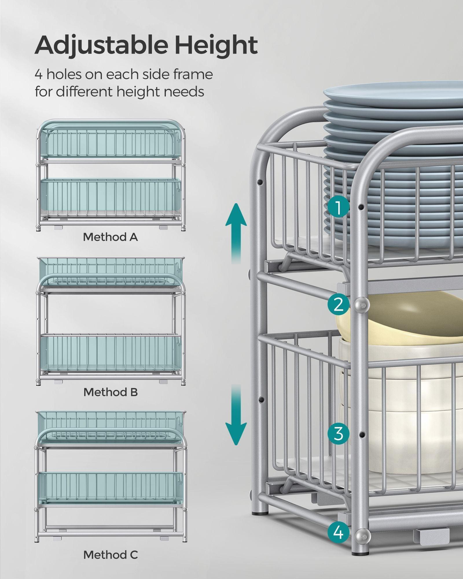 Set of 2 Pull-Out Cabinet Organizers 2-Tier Metallic Silver FredCo