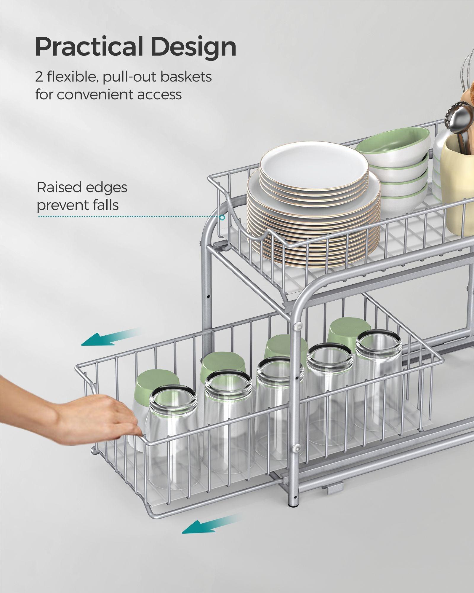 Set of 2 Pull-Out Cabinet Organizers 2-Tier Metallic Silver FredCo
