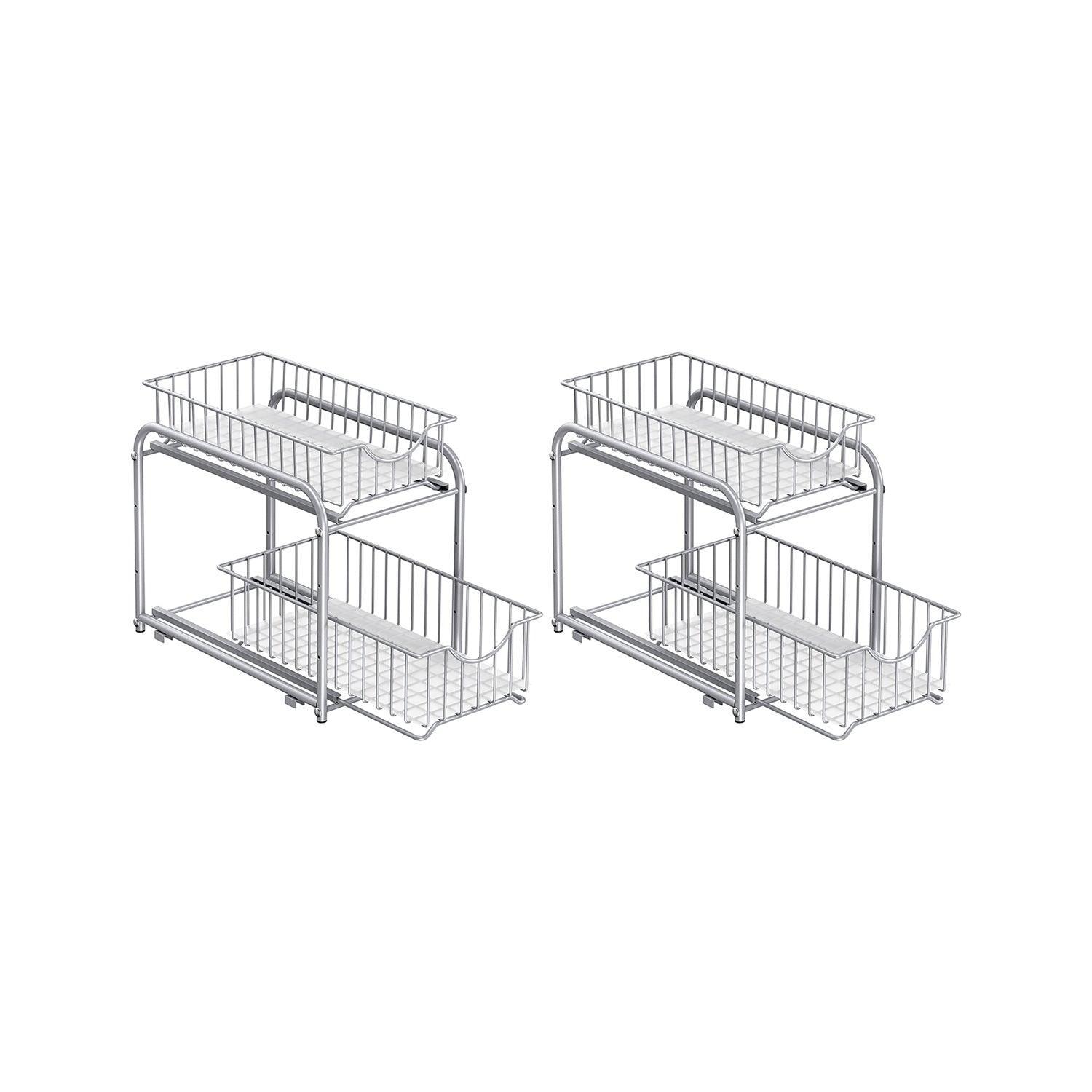 Set of 2 Pull-Out Cabinet Organizers 2-Tier Metallic Silver FredCo