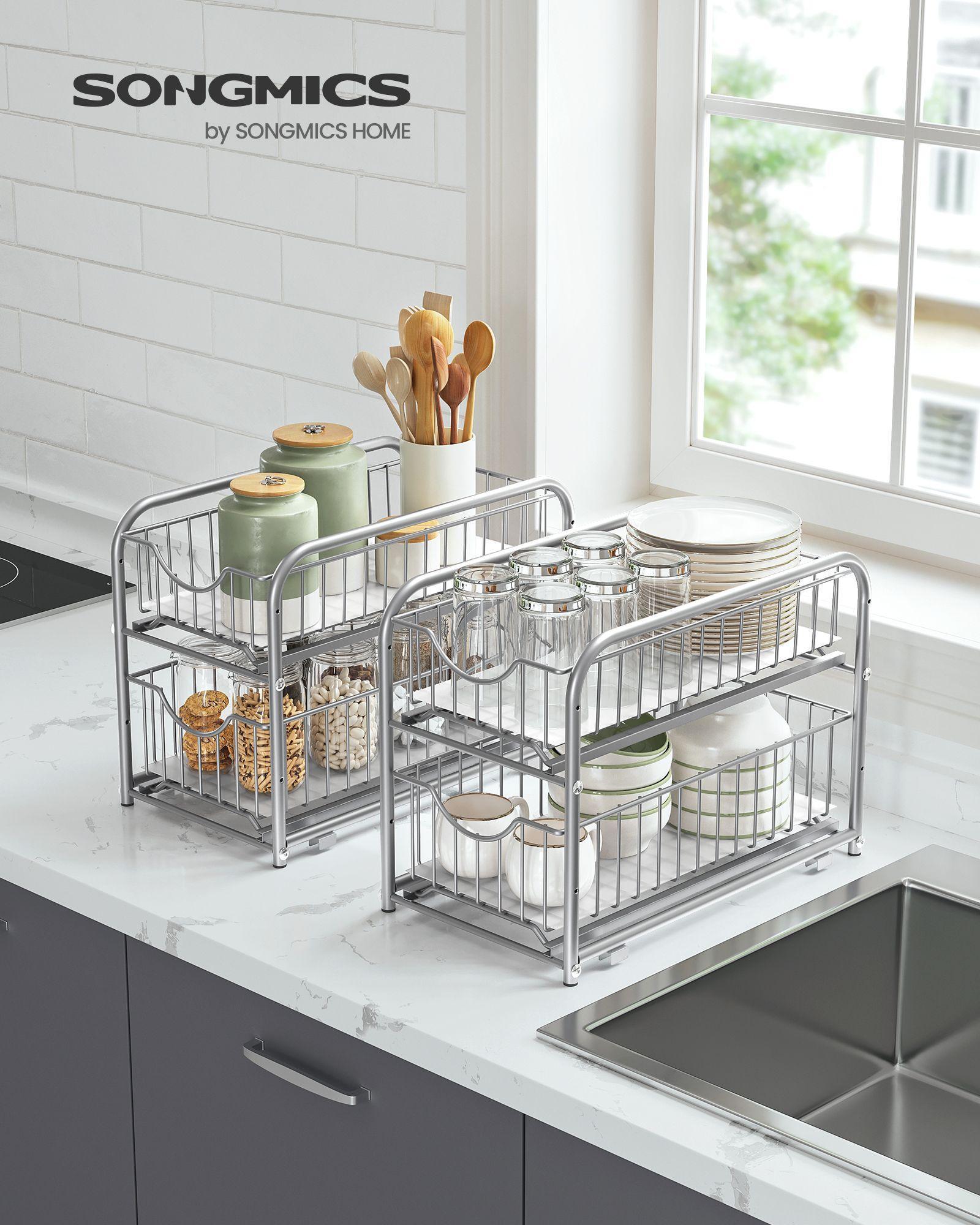 Set of 2 Pull-Out Cabinet Organizers 2-Tier Metallic Silver FredCo