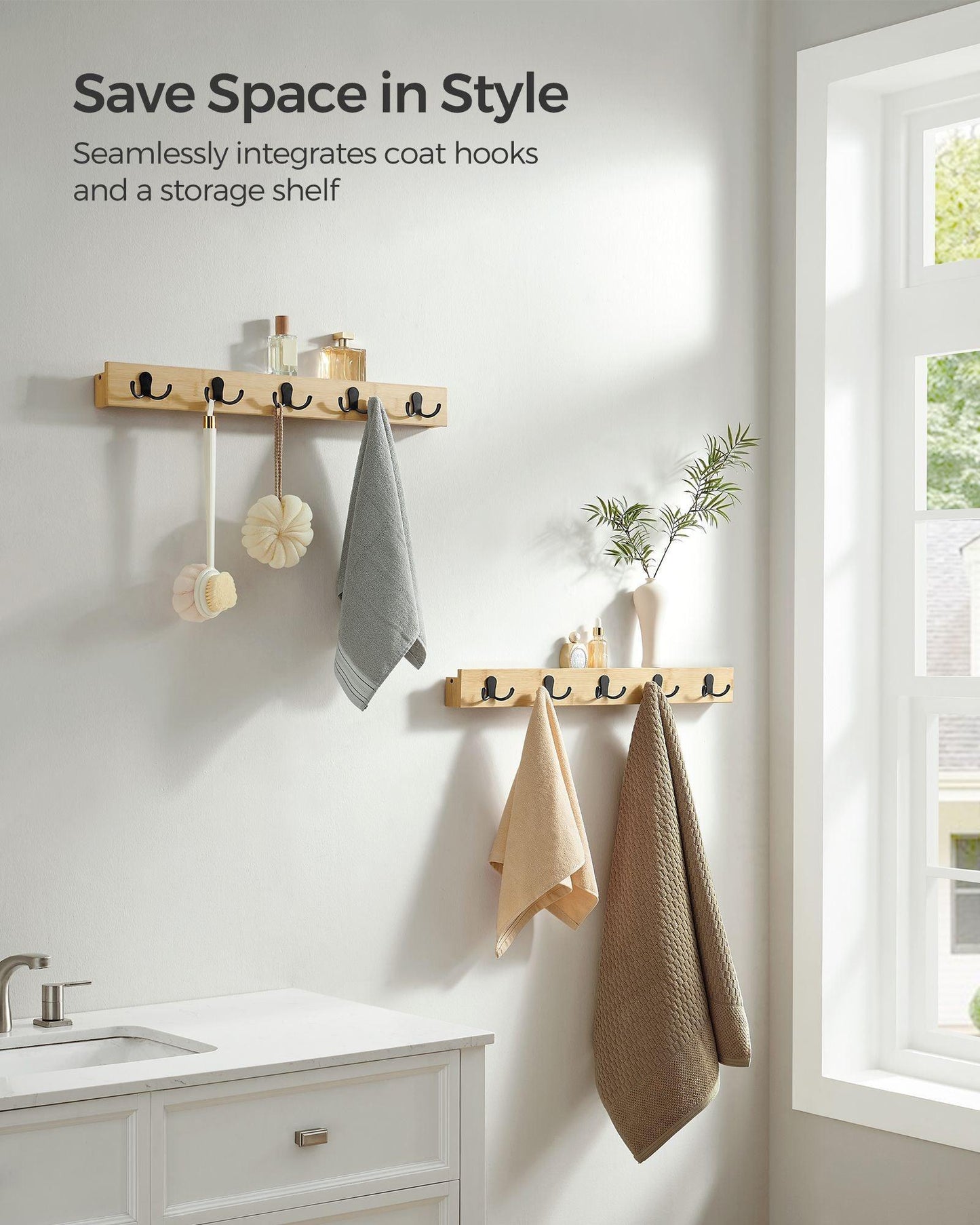 Set of 2 Wall-Mounted Coat Racks, Coat Hooks with Shelf, 10 Double Metal Hooks FredCo