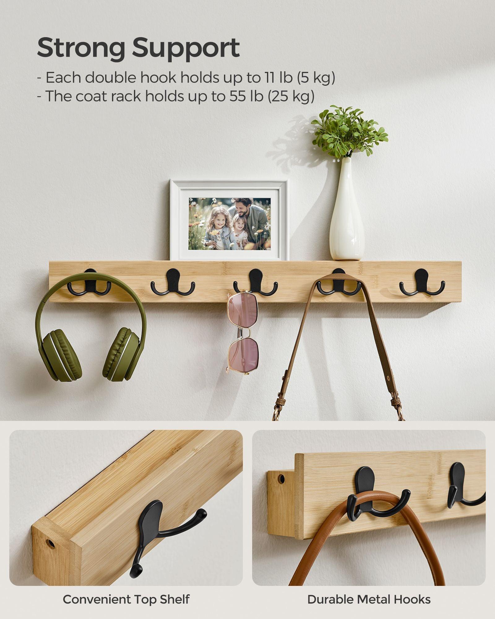 Set of 2 Wall-Mounted Coat Racks, Coat Hooks with Shelf, 10 Double Metal Hooks FredCo