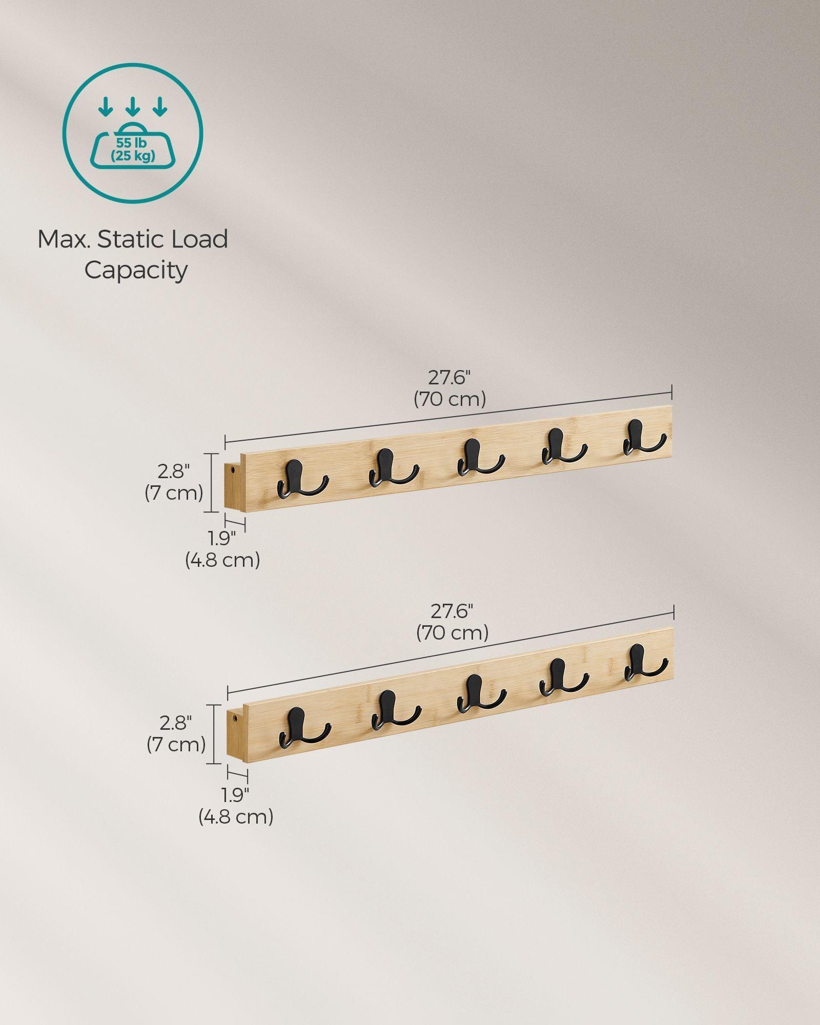 Set of 2 Wall-Mounted Coat Racks, Coat Hooks with Shelf, 10 Double Metal Hooks FredCo