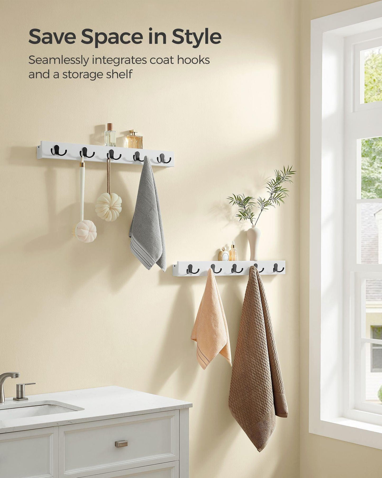 Set of 2 Wall-Mounted Coat Racks, Coat Hooks with Shelf, 10 Double Metal Hooks, Space-Saving FredCo