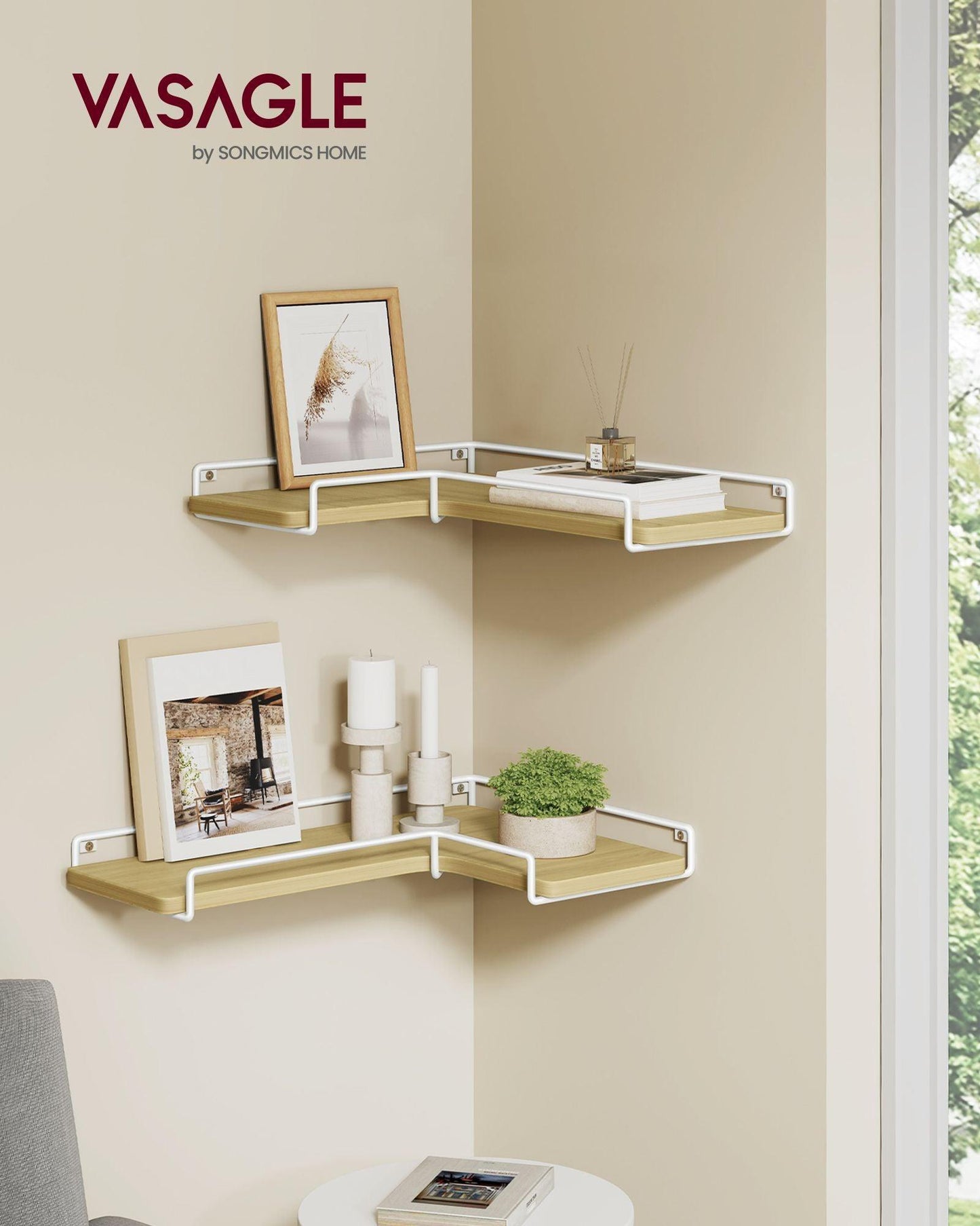 Set of 2 Wall-Mounted Corner Shelves Natural Oak and Cloud White FredCo