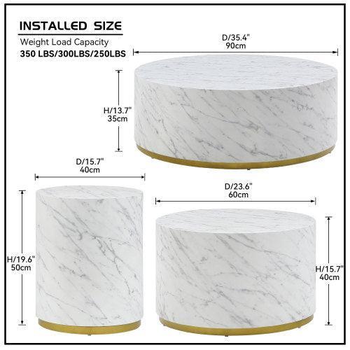 Set of 3 White Marble Pattern Round Coffee Table, Side Table End Table Set for Living Room FredCo