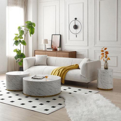 Set of 3 White Marble Pattern Round Coffee Table, Side Table End Table Set for Living Room FredCo