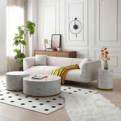 Set of 3 White Marble Pattern Round Coffee Table, Side Table End Table Set for Living Room FredCo