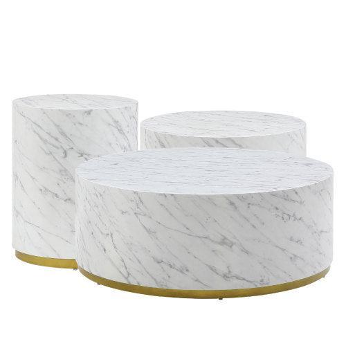 Set of 3 White Marble Pattern Round Coffee Table, Side Table End Table Set for Living Room FredCo