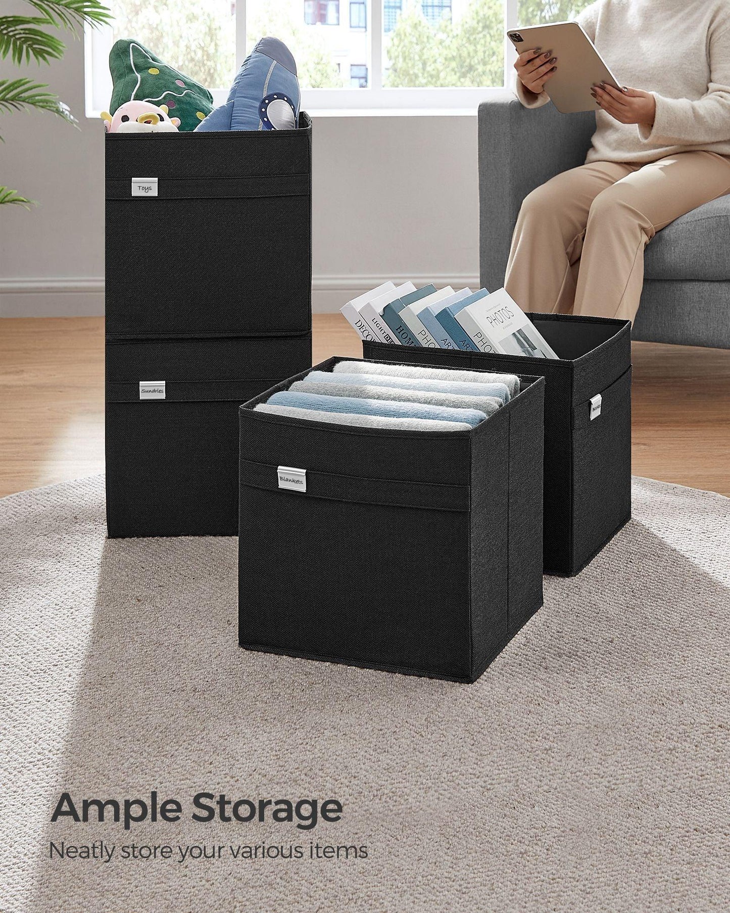 Set of 4 Storage Cubes with Double Handles Ink Black L FredCo