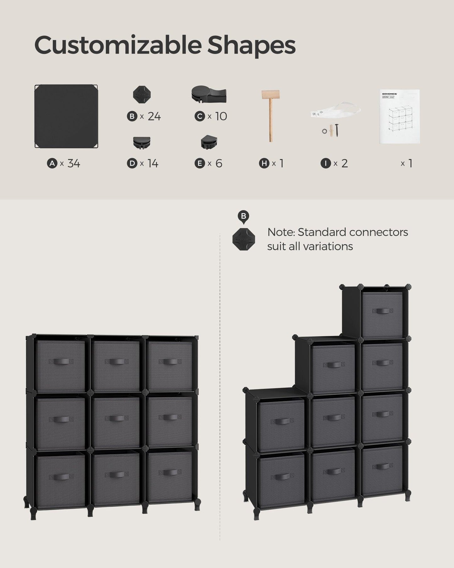 Set of 9-Cube Organizer Ink Black and Dove Gray FredCo