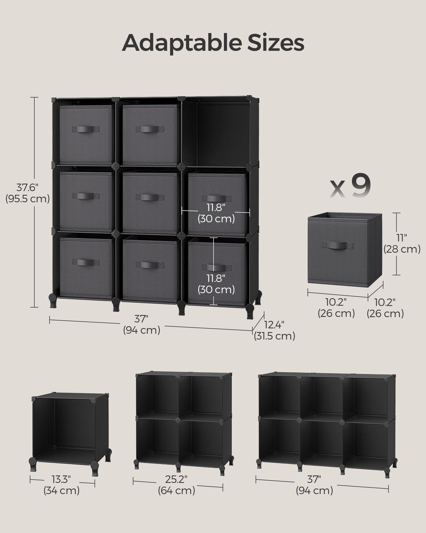 Set of 9-Cube Organizer Ink Black and Dove Gray FredCo