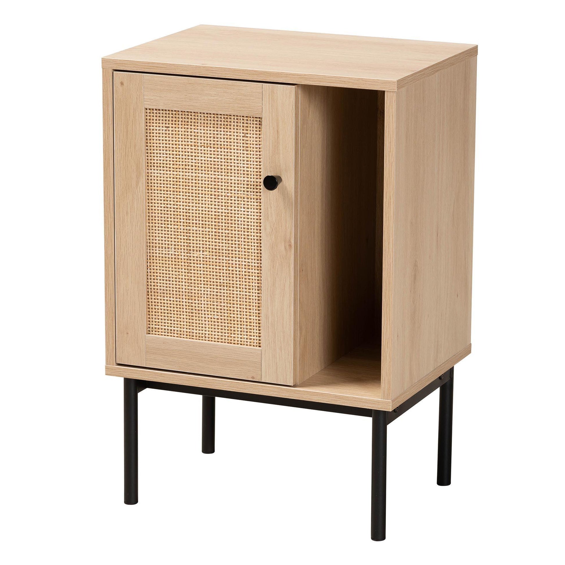 Sherwin Mid-Century Modern Light Brown and Black 1-Door Cabinet with Woven Rattan Accent FredCo
