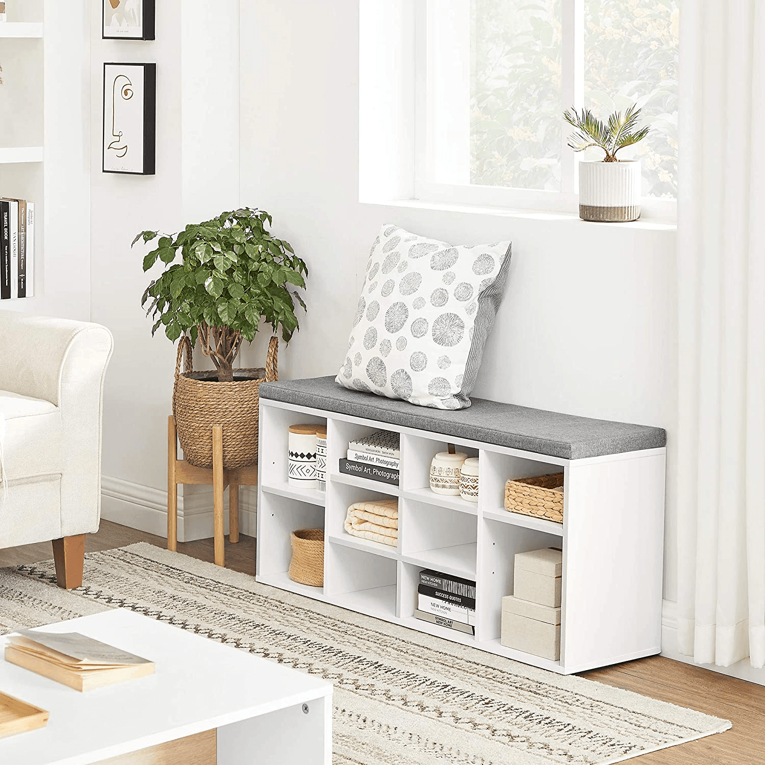 Shoe Bench Storage Cabinet White FredCo
