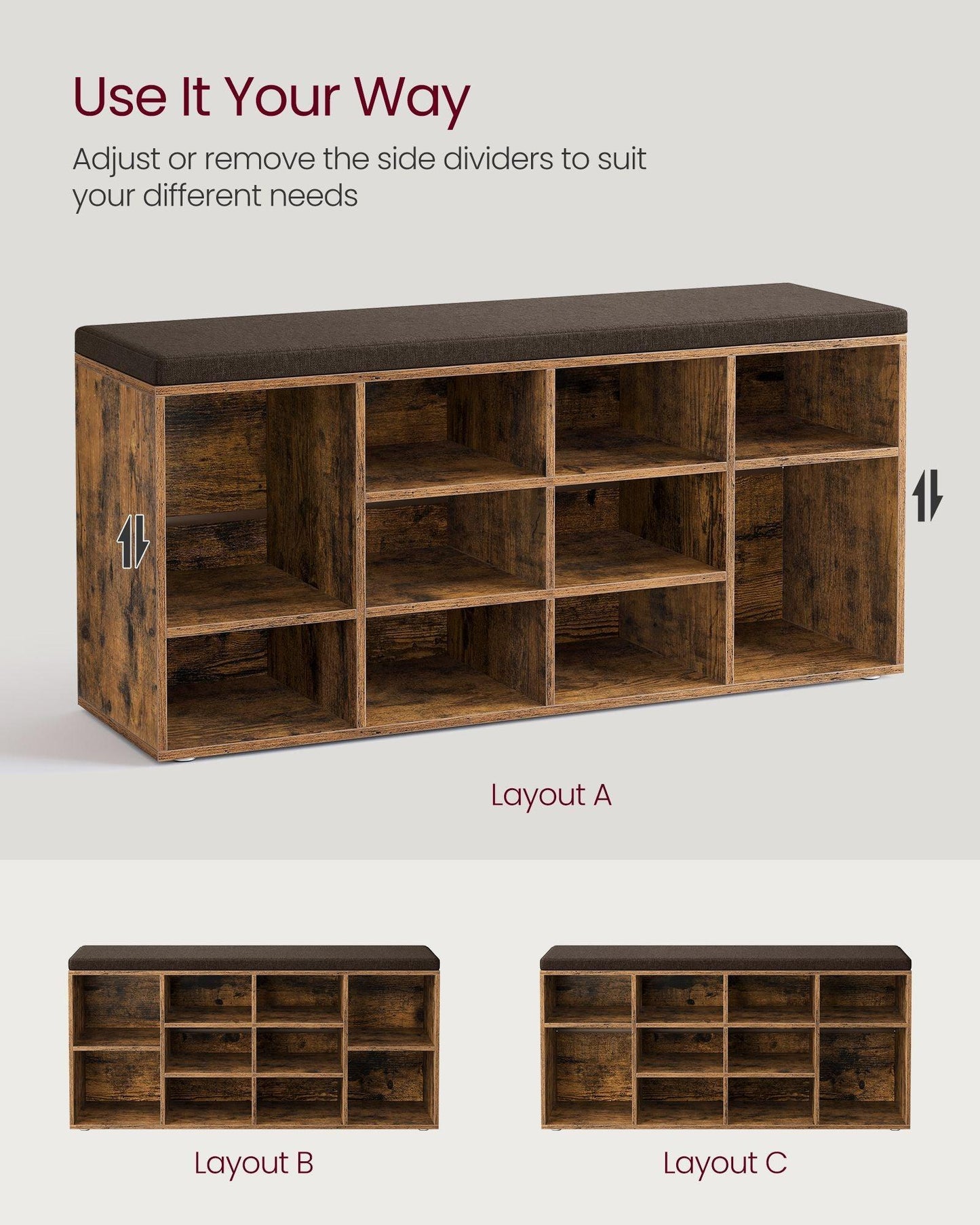 Shoe Bench with Cushion Rustic Brown and Brown FredCo