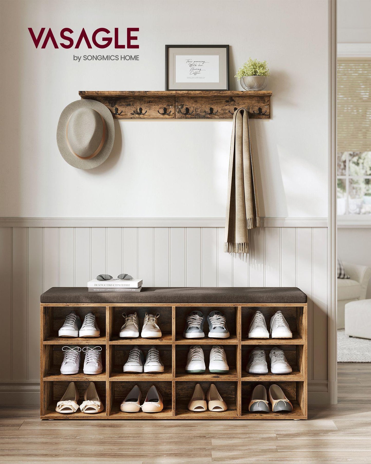 Shoe Bench with Cushion Rustic Brown and Brown FredCo