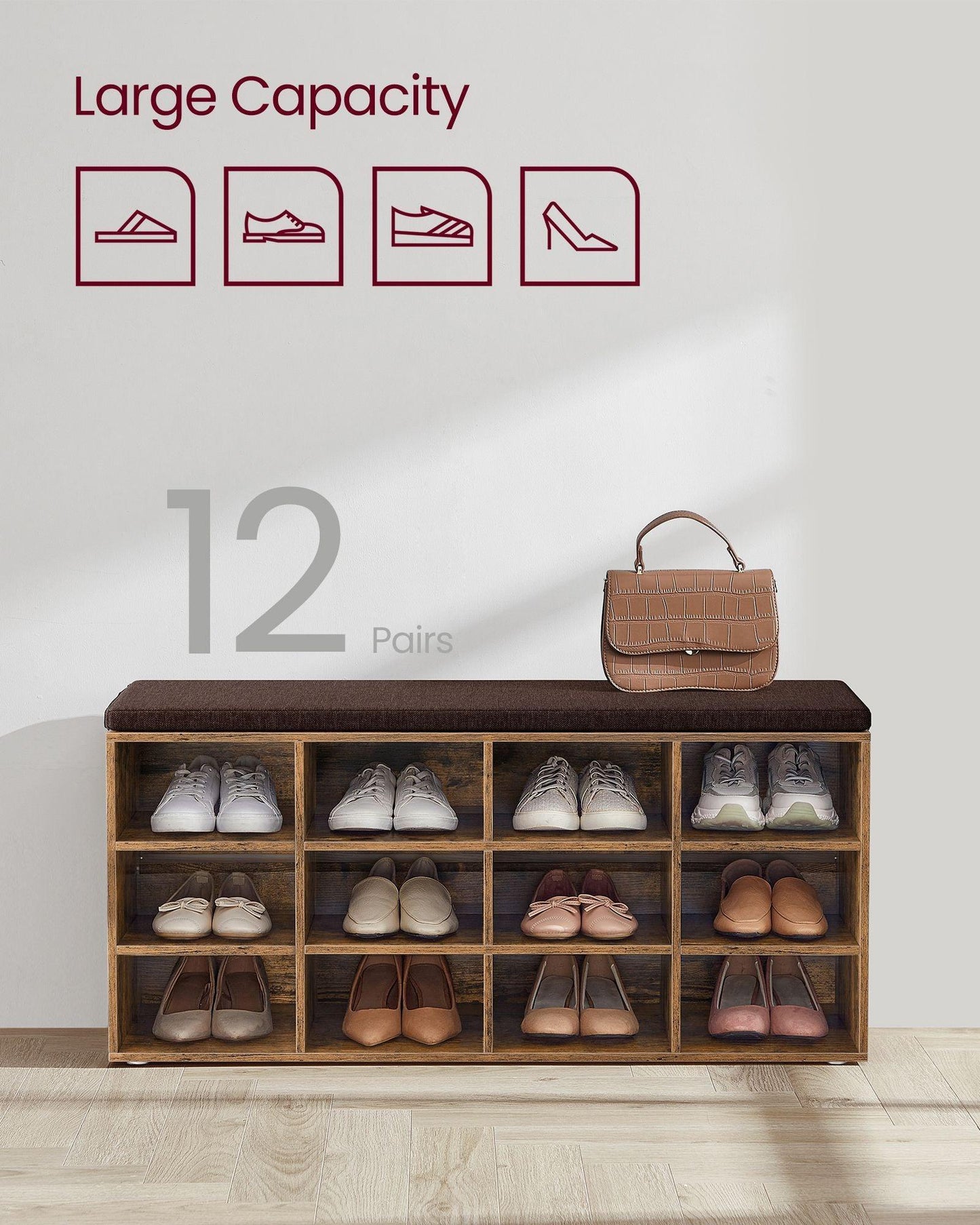 Shoe Bench with Cushion Rustic Brown and Brown FredCo