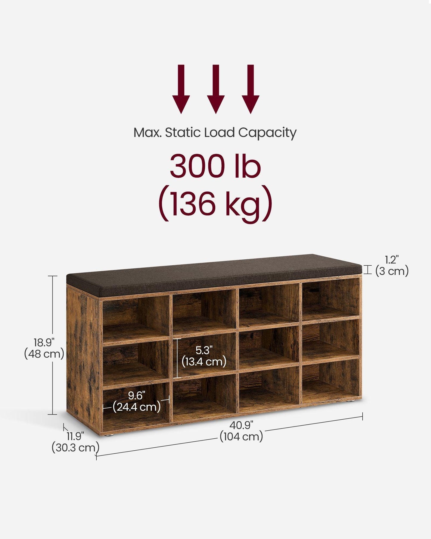 Shoe Bench with Cushion Rustic Brown and Brown FredCo