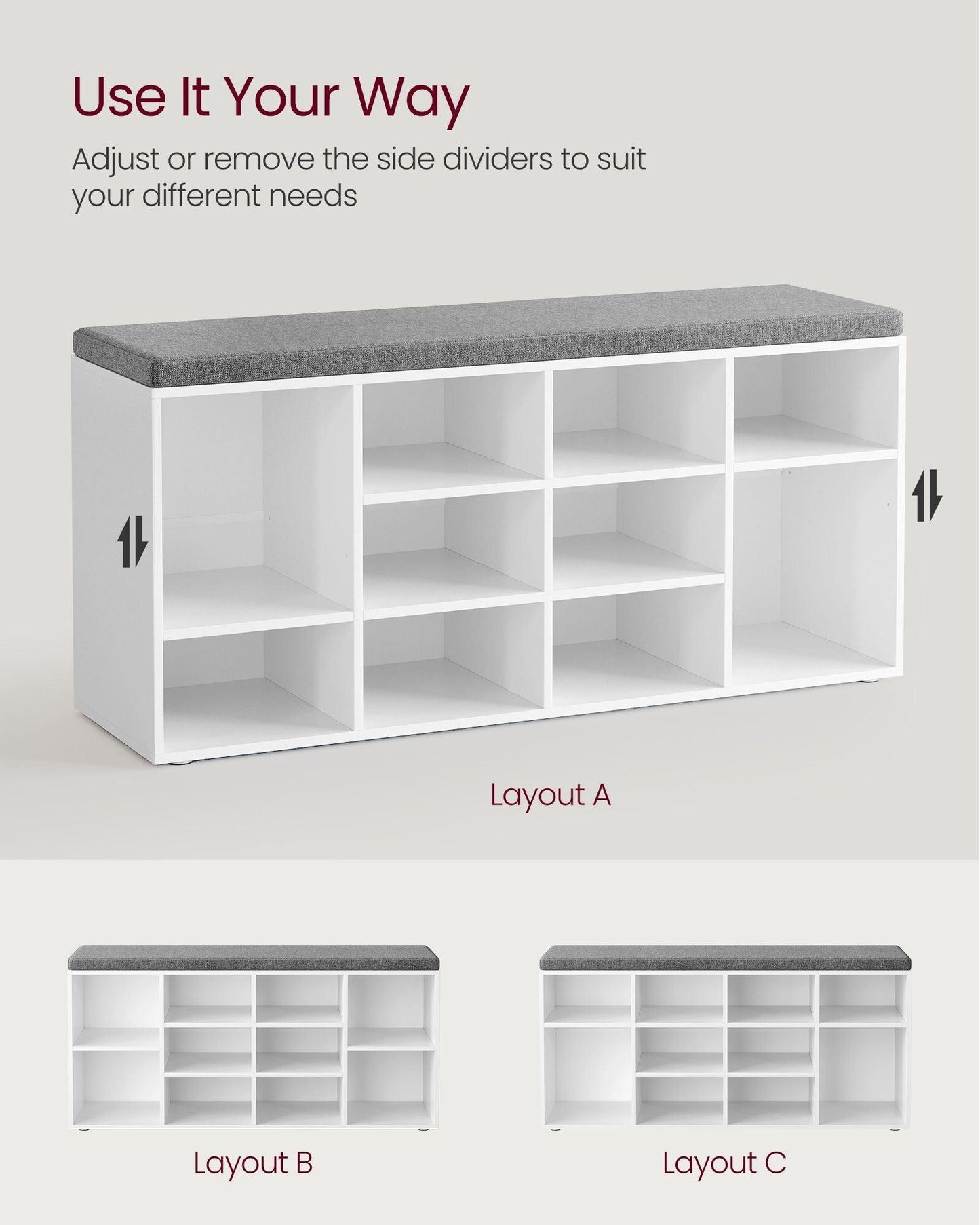 Shoe Bench with Cushion White and Gray FredCo