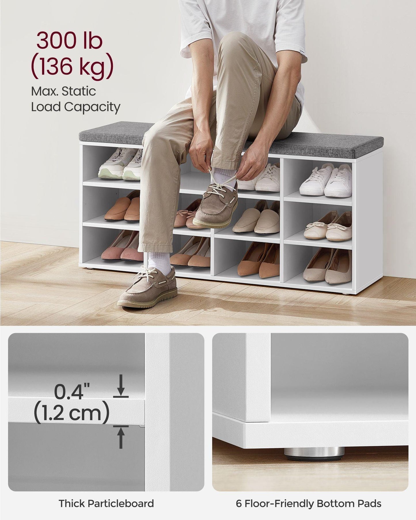 Shoe Bench with Cushion White and Gray FredCo
